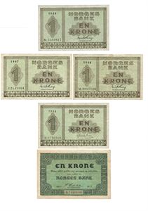 Lot 5 stk. 1 krone 1917 B, 1944 H, 1947 J, 1948 M og 1949 M.