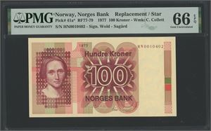 100 kroner 1977. HN0010402. Erstatningsseddel/replacement note