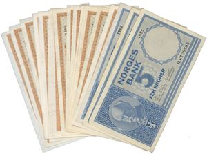 Lot 19 stk. 1954/1966, 4 blå 5-kronere og 15 gule 10-kronere.