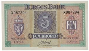 5 kroner 1944 X 987294.  Ex Oslo Mynthandel nr 34 obj 63.