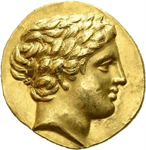 KINGS of MACEDON, Philip II (359-336 BC). AV stater (8,52 g). Struck at Amphipolis 340-328 BC. Laureate head of Apollo right / &Phi;&Iota;&Lambda;&Iota;&Pi;&Pi;&Omicron;&Upsilon;, Fast biga advancing right, trident in lower right field. A fine coin with well preserved surfaces.