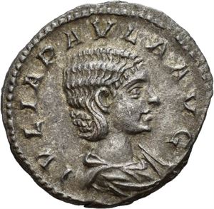 Julia Paula, 1. kone til Elagabal, denarius, Roma 220 e.Kr. R: Concordia sittende mot venstre