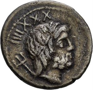 L. Lucretius Trio 76 f.Kr., denarius. Hode av Neptun mot høyre/Gutt på delfin mot høyre