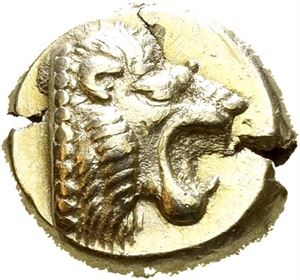 LESBOS, Mytilene. Circa 521-478 BC. EL hekte (2,60 g). Lion head right / Incuse calf head right, oblong incuse to left. Minor flan cracks and tiny marks and scratches. Die rust on obverse.