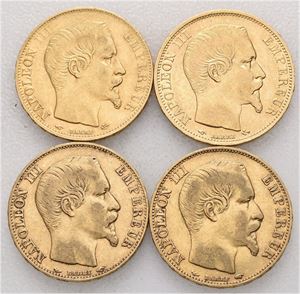 Napoleon III. Lott 4 stk. 20 francs; 1854 A, 1855 A, 1856 A, og 1860 A