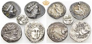 Lot of five Greek silver coins from various rulers and city states.