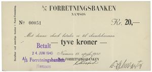 A/S Foretningsbanken Namsos. 20 kroner 1940. No. 00051. Stifthull/pinholes