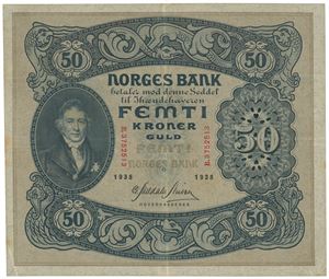 50 kroner 1935 B 3752513.  Noen små flekker i ytterkant.