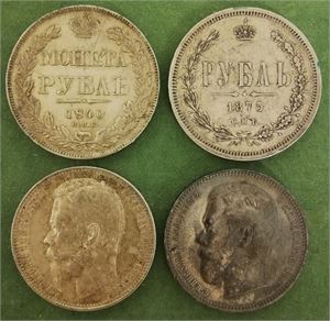 Lot 4 stk. rubler 1840, 1875( kantskade/edge nick), 1896 (riper/scratches) og 1899