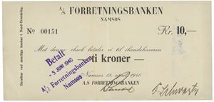 A/S Foretningsbanken Namsos. 10 kroner 1940. No. 00151