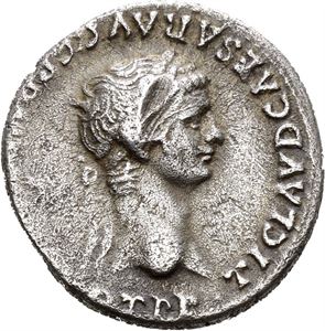 Claudius & Nero, denarius, Lugdunum 50 e.Kr. Hode av Claudius mot høyre/Hode av Nero mot venstre. Noe skjevt preget/struck a little off center