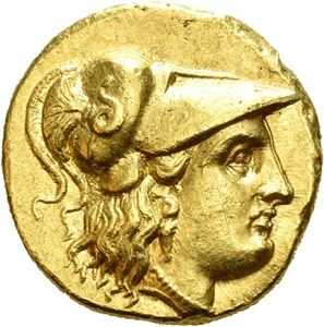 KINGS of MACEDON, Philip III Arrhidaios (323-317 BC). AV stater (8,58 g). In the types of Alexander III. Struck in Sardes under Menander or Kleitos, circa 322-319 BC. Head of Athena in Corinthian helmet to right / F???????, Nike standing left, holding wreath and stylis; TI in left field, rose below left wing. Tiny hairline on cheek. Well struck from fresh dies.
