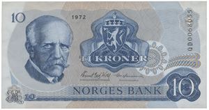 10 kroner 1972. QD0068055. Erstatningsseddel, uvanlig.