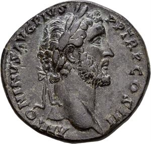 ANTONINUS PIUS 138-161, Æ sestertius, Roma 143 e.Kr. R: Fides stående mot høyre