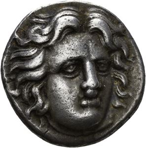 CARIA, Rhodos, 387-304 f.Kr., didrachme (6,72 g). Hode av Helios trekvart mot høyre/Rose