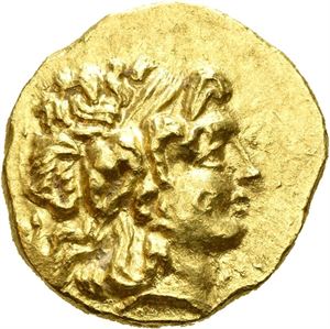 KINGS of PONTOS, Mithradates VI Eupator (circa 120-63 BC). AV stater (8,42 g). Issued under the First Mithradatic War. In the name and types of Lysimachos of Thrace. Struck in Tomis circa 88-86 BC. Diademed head of Alexander the Great to right, wearing horn of Ammon / ??S???OS ?YS?????Y, Athena enthroned to left, holding Nike and resting arm on shield. TO on throne, HPA monogram to inner left; trident in exergue. Very minor earthen deposits.