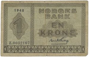 1 krone 1948. Z.0032167. Erstatningsseddel/replacement note.