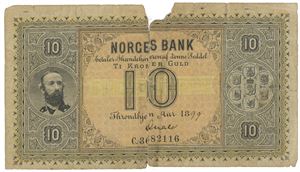 10 kroner 1899. C.3682116. Signert Quale. Tapet og manglende del/taped and missing part