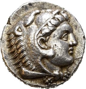 KINGS of MACEDON, Philip III Arrhidaios (323-317 BC). AR tetradrachm (17.07 g). In the name and types of Alexander III. Struck in Arados. Head of Heracles right, wearing lion skin headdress / ??S???OS A?E?AN?POY, Zeus seated on thone left, holding eagle and scepter. Greek letter S in left field; AP monogram under throne. Struck in high relief with dies of fine style. Toned.