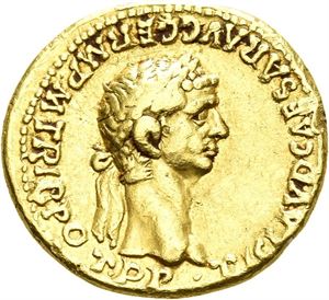 CLAUDIUS & AGRIPPINA JR:, aureus, Lugdunum 51 e.Kr. (7,66 g). Hode av Claudius mot høyre/Hode av Agrippina mot høyre