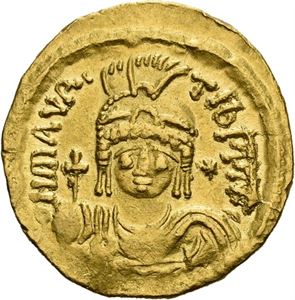 Maurice Tiberius 582-602, light weight solidus, Constantinople (4,26 g). R: Engel stående. 23 kt