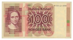 100 kroner 1980. HI0121396. Erstatningsseddel/replacement note