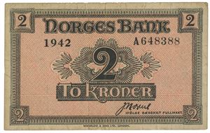 2 kroner 1942. A648388. Litt skitten/a bit dirty