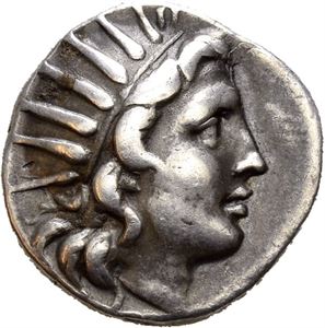 ISLANDS off CARIA, Rhodes. Circa 190-170 BC. AR drachm (3,05 g). Athanodoros, magistrate. Radiate head of Helios to right / ?T????O??S (magistrate), Rose with one bud to right, wing to left; P-O in fields. Toned.
