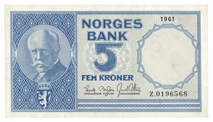 5 kroner 1961. Z0196568. Erstatningsseddel/replacement note. R.