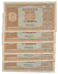 Lot 5 stk. 10 kroner 1945 B