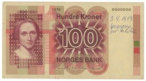 100 kroner 1976. 0000000. Prøvetrykk/test print. Liten hjørnebit mangler/corner tip missing. UNIK/UNIQUE