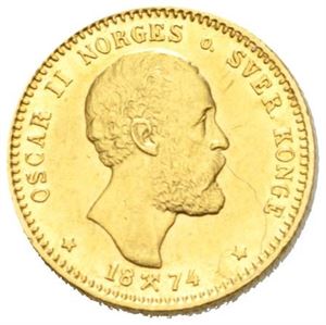 Oscar II, 10 kroner/2 1/2 species 1874. Små riper/minor scratches.