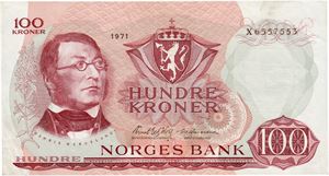100 kroner 1971. X6557553. Erstatningsseddel/replacement note