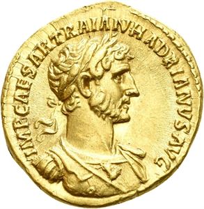 HADRIAN 117-138, aureus, Roma 118 e.Kr. (7,34 g). R: Hode av Sol mot høyre. Liten blankettfeil på revers/minor planchet flaw on reverse