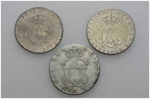 Lot 3 stk. 24 skilling 1773, 1/5 speciedaler 1797 (plugget) og 1799