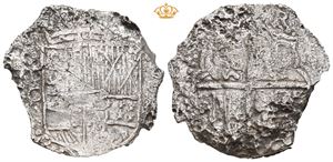 Philip III, 1598-1621. 8 reales cob. Potosi. Årstall ikke synlig, guardein Q. 18,94 g