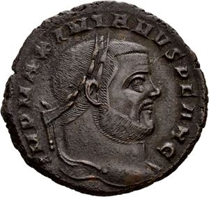Maximianus 286-310, Æ follis, Aquileia, 300-301 e.Kr. R: Moneta stående mot venstre