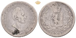 Oscar I (1844 - 1859) 1/2 speciedaler 1847 Stor skade under portrett.