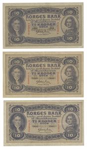 Norway. Lott 3 stk. 10 kroner 1941 A, 1942 A og 1944 F
