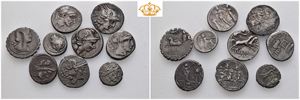 Lot of 9 Roman republican silver coins including 6 AR denarii of which one is an ancient plated forgery