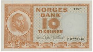 10 kroner 1957. Z.0223546. Erstatningsseddel/replacement note.