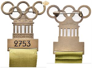 Deltagermerke OL Berlin 1936 for skyting no.2753 med nål og bånd. Lauer. 41 x 46 mm