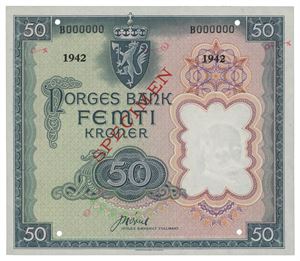 50 kroner London 1942. B000000. Specimen. RR. Påført markeringer/added marks