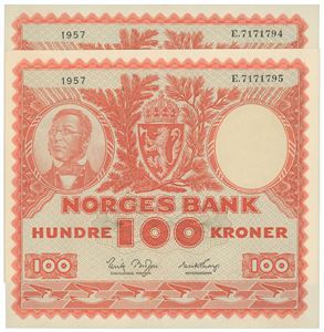 100 kroner 1957. E.7171794-95. 2 stk. i nummerrekkefølge