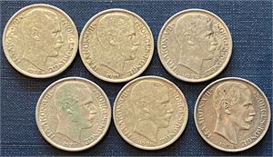 Lot 6 stk. 1 krone 1908, 1912, 1913, 1914, 1915 og 1917