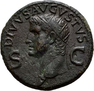 Divus Augustus. Died AD 14. AE dupondius, Roma (15,13 g). Struck under Gaius (Caligula), AD 37-41. DIVVS•AVGVSTVS / S - C, Radiate bust of Divus Augustus left / CONSENSV SENAT•ET•EQ•ORDIN•P•Q•R•, Augustus or Caligula seated left on curule chair, holding olive branch and globe. Well struck with a fine portrait. Some roughness and minor smoothing in the fields. Appealing green-brown patina.