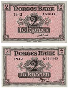 Lot 2 stk. 2 kroner 1942. A643448-49