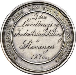 Stavanger Amts Landhusholdningsselskab. 2.landbrugs- og industriutstilling i Stavanger 1870. Sølv. 41 mm. RR.