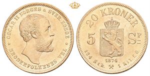 20 kroner / 5 spd 1874 Gull.