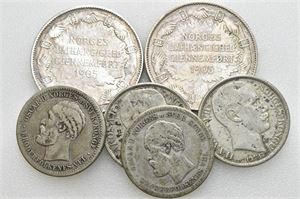 Lot 6 stk. 2 kroner 1907 (2), 1 krone 1890, 1892, 1915 og 1917